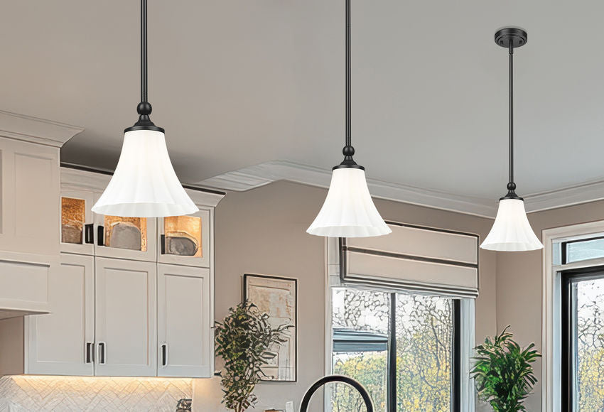 Z-Lite Fleur 8" 1-Light Matte Black Steel Frame Opal Etched Glass Shade Pendant Light