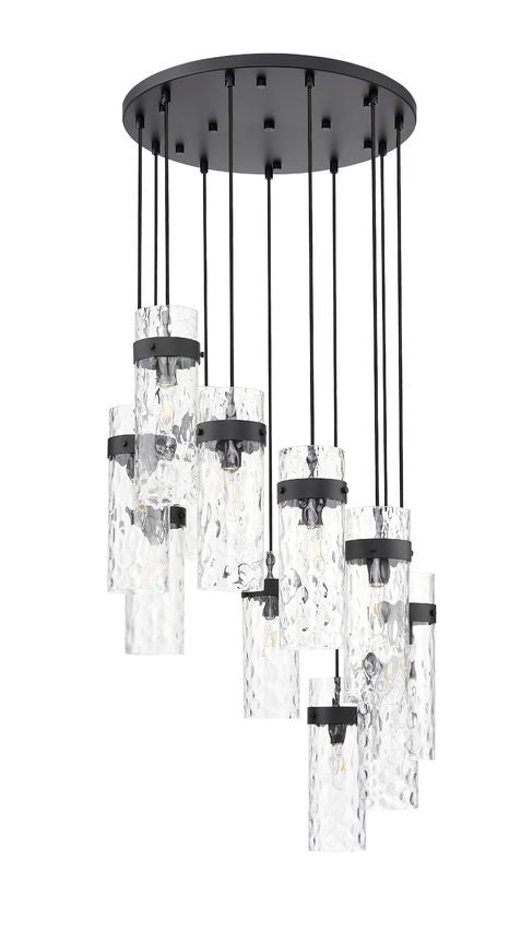 Z-Lite Fontaine 11-Lights Matte Black Steel Frame Clear Waterglass Glass Shade Chandelier