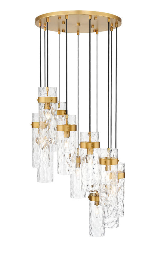 Z-Lite Fontaine 11-Lights Rubbed Brass Steel Frame Clear Waterglass Glass Shade Chandelier