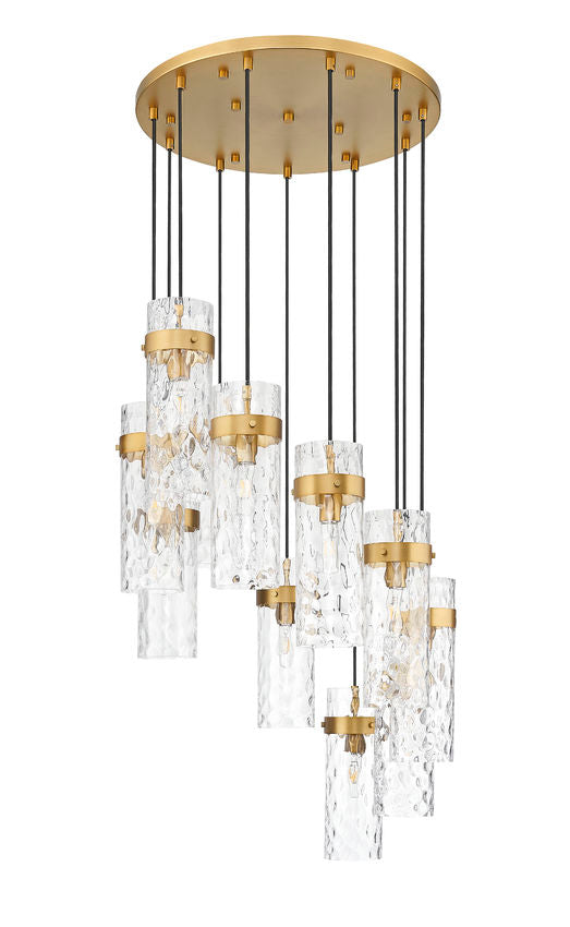 Z-Lite Fontaine 11-Lights Rubbed Brass Steel Frame Clear Waterglass Glass Shade Chandelier