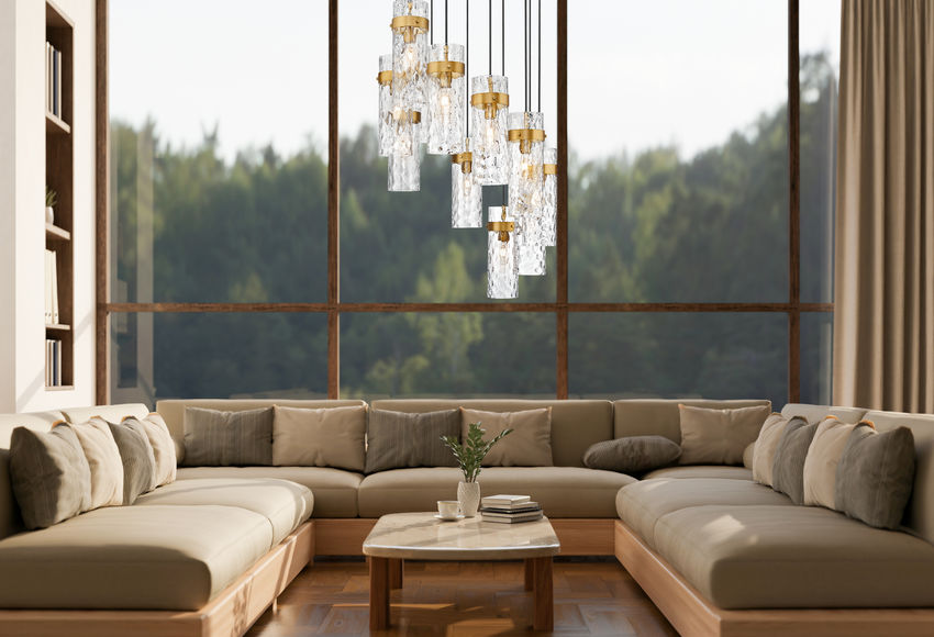 Z-Lite Fontaine 11-Lights Rubbed Brass Steel Frame Clear Waterglass Glass Shade Chandelier