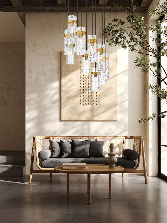 Z-Lite Fontaine 11-Lights Rubbed Brass Steel Frame Clear Waterglass Glass Shade Chandelier