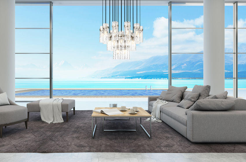 Z-Lite Fontaine 27-Lights Brushed Nickel Steel Frame Clear Waterglass Glass Shade Chandelier