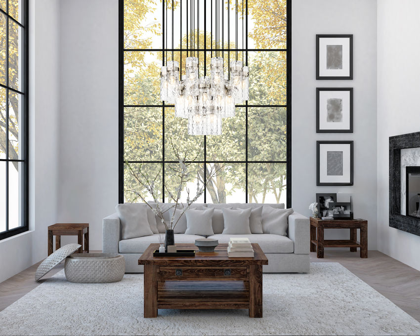 Z-Lite Fontaine 27-Lights Brushed Nickel Steel Frame Clear Waterglass Glass Shade Chandelier