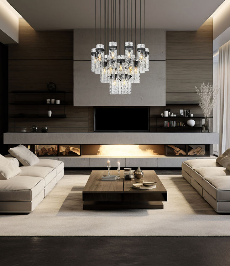 Z-Lite Fontaine 27-Lights Matte Black Steel Frame Clear Waterglass Glass Shade Chandelier