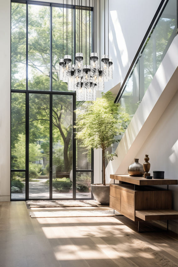 Z-Lite Fontaine 27-Lights Matte Black Steel Frame Clear Waterglass Glass Shade Chandelier