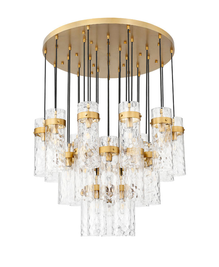 Z-Lite Fontaine 27-Lights Rubbed Brass Steel Frame Clear Waterglass Glass Shade Chandelier