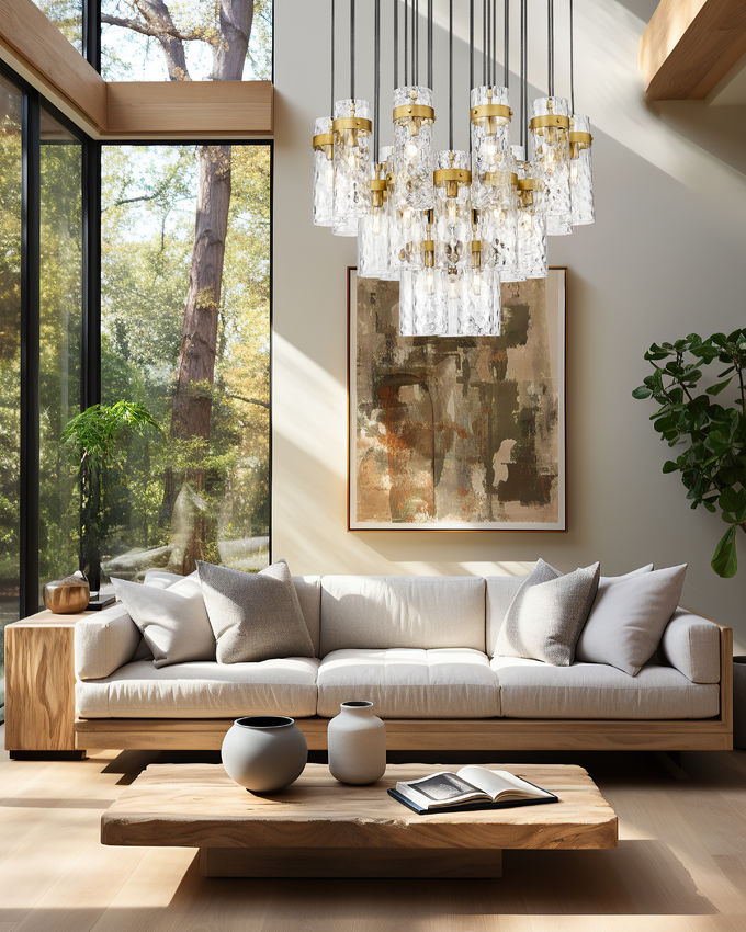 Z-Lite Fontaine 27-Lights Rubbed Brass Steel Frame Clear Waterglass Glass Shade Chandelier