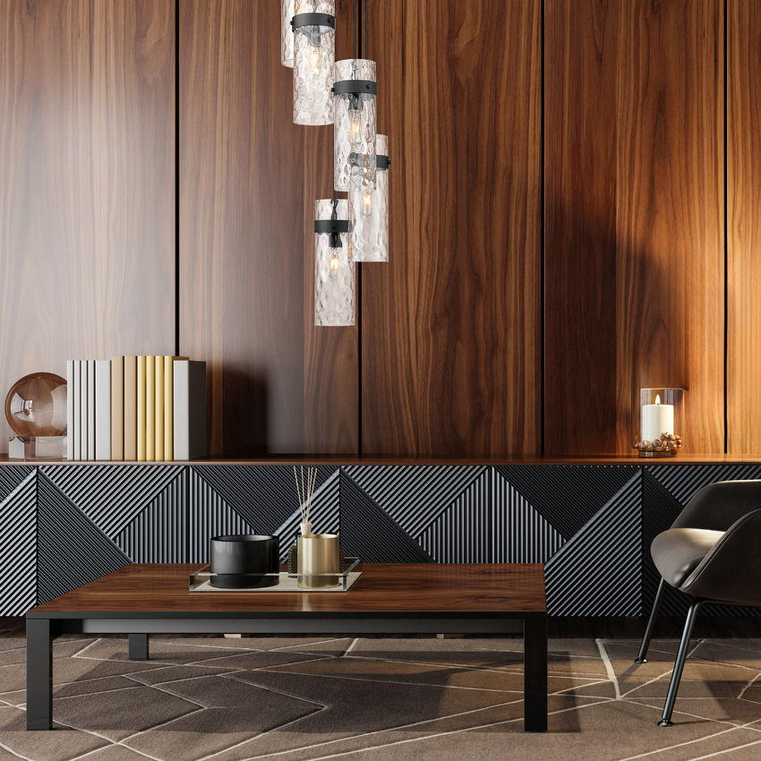 Z-Lite Fontaine 5-Lights Matte Black Steel Frame Clear Waterglass Glass Shade Chandelier