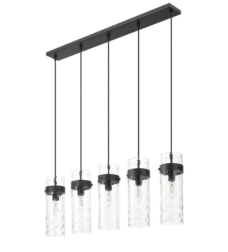 Z-Lite Fontaine 5-Lights Matte Black Steel Frame Clear Waterglass Glass Shade Linear Chandelier