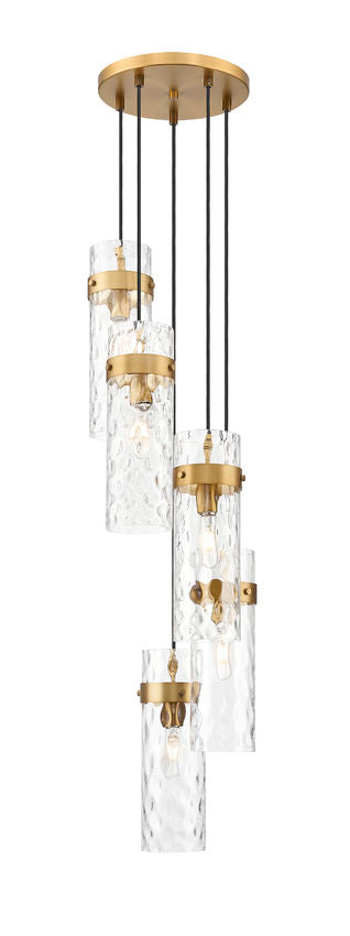 Z-Lite Fontaine 5-Lights Rubbed Brass Steel Frame Clear Waterglass Glass Shade Chandelier