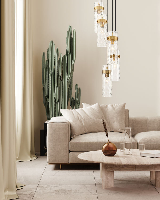 Z-Lite Fontaine 5-Lights Rubbed Brass Steel Frame Clear Waterglass Glass Shade Chandelier