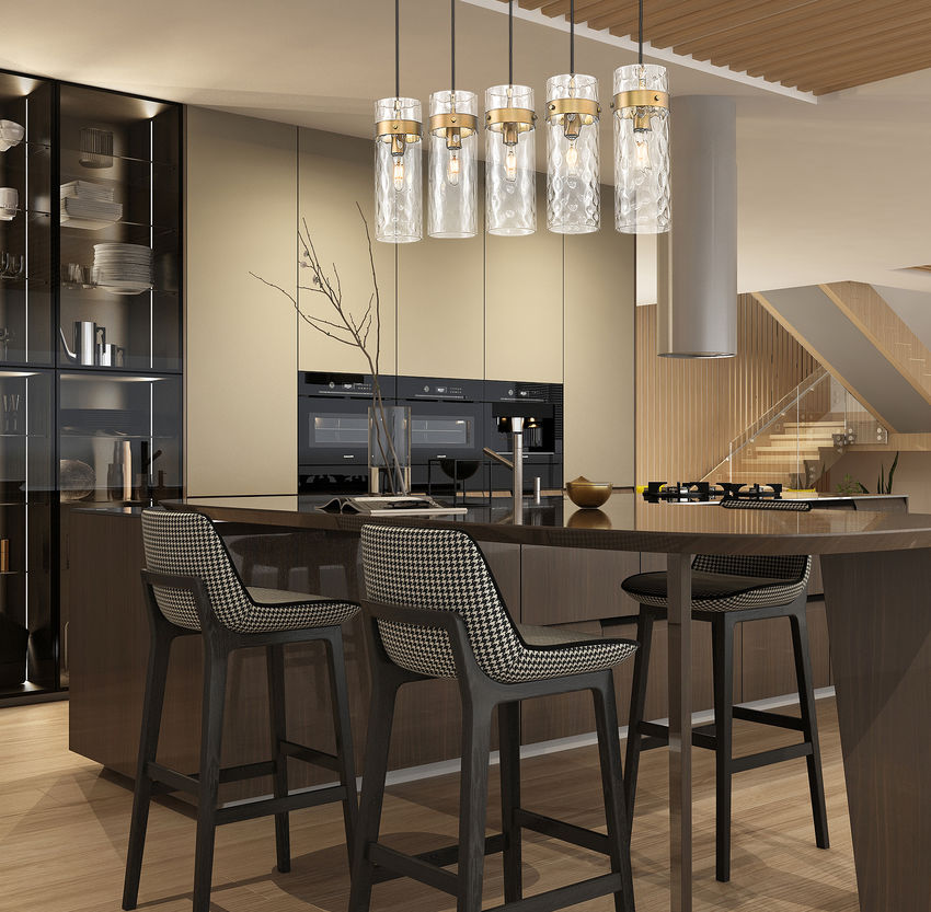 Z-Lite Fontaine 5-Lights Rubbed Brass Steel Frame Clear Waterglass Glass Shade Linear Chandelier