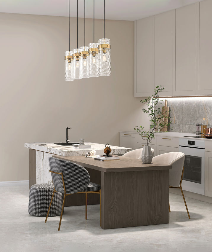 Z-Lite Fontaine 5-Lights Rubbed Brass Steel Frame Clear Waterglass Glass Shade Linear Chandelier