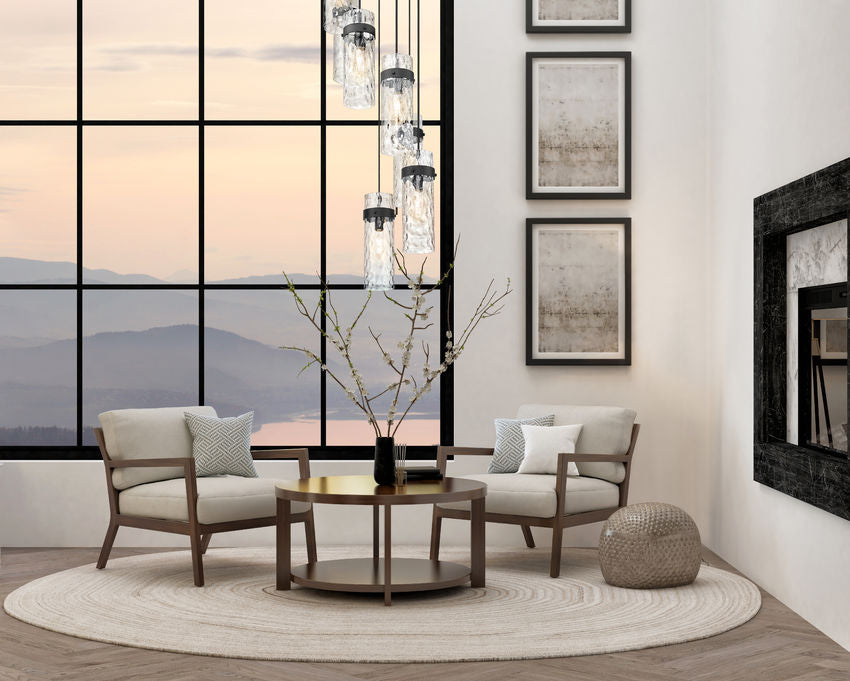 Z-Lite Fontaine 7-Light Matte Black Frame Clear Waterglass Glass Shade Chandelier