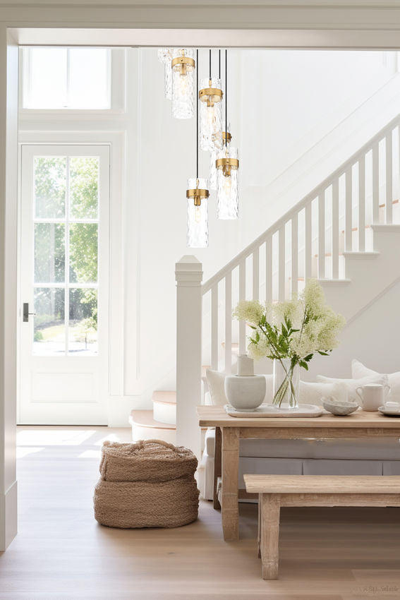 Z-Lite Fontaine 7-Light Rubbed Brass Frame Clear Waterglass Glass Shade Chandelier