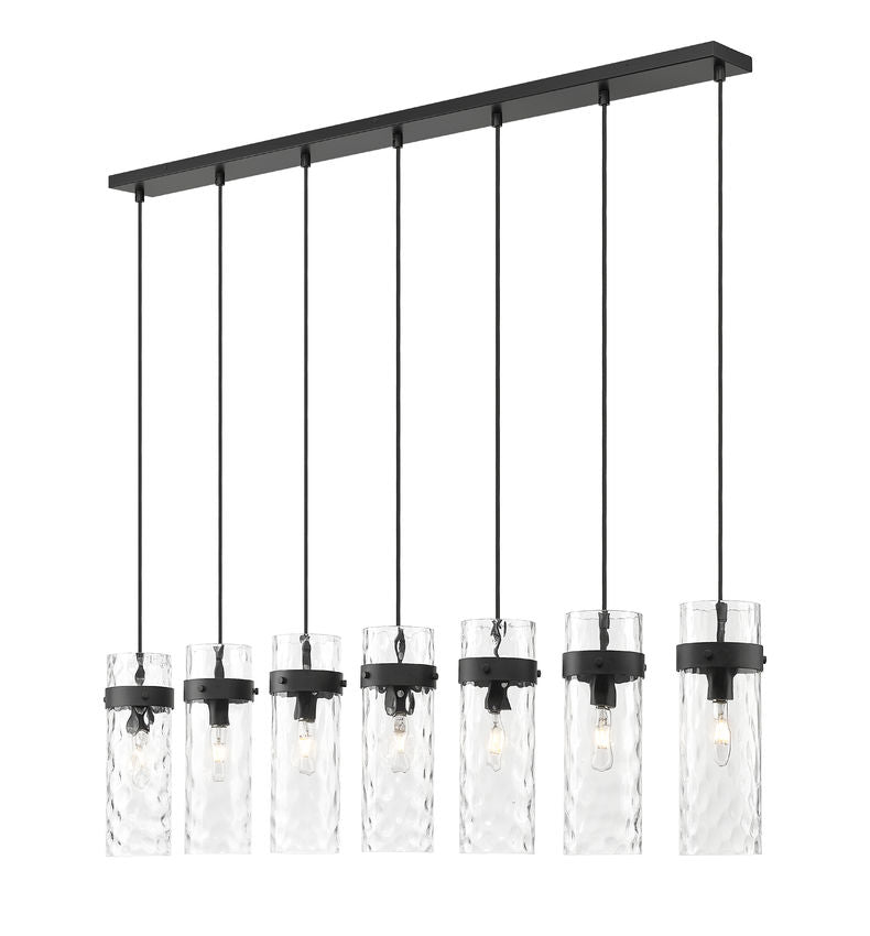 Z-Lite Fontaine 7-Lights Matte Black Steel Frame Clear Waterglass Glass Shade Linear Chandelier