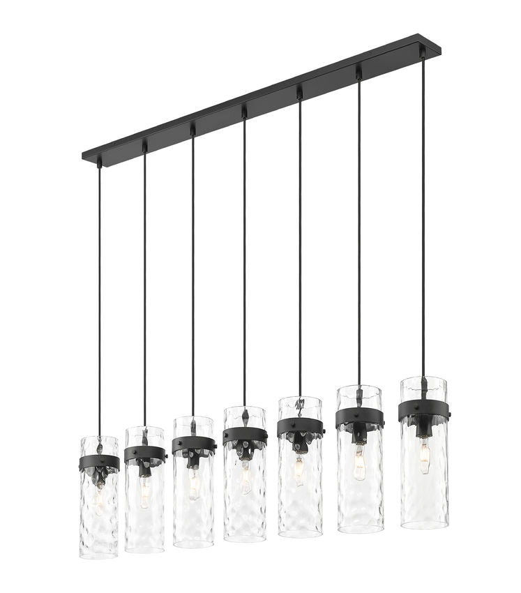 Z-Lite Fontaine 7-Lights Matte Black Steel Frame Clear Waterglass Glass Shade Linear Chandelier