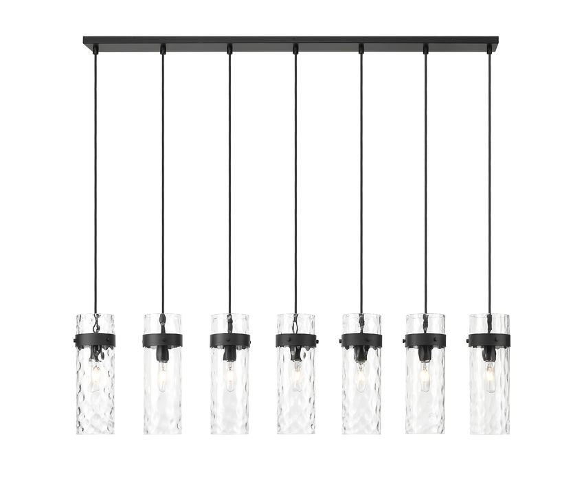 Z-Lite Fontaine 7-Lights Matte Black Steel Frame Clear Waterglass Glass Shade Linear Chandelier