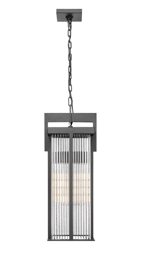 Z-Lite Fortis 24" H 2-Light Aluminum Sand Black Frame Clear Ribbed Glass Shade Outdoor Chain Mount Ceiling Fixture