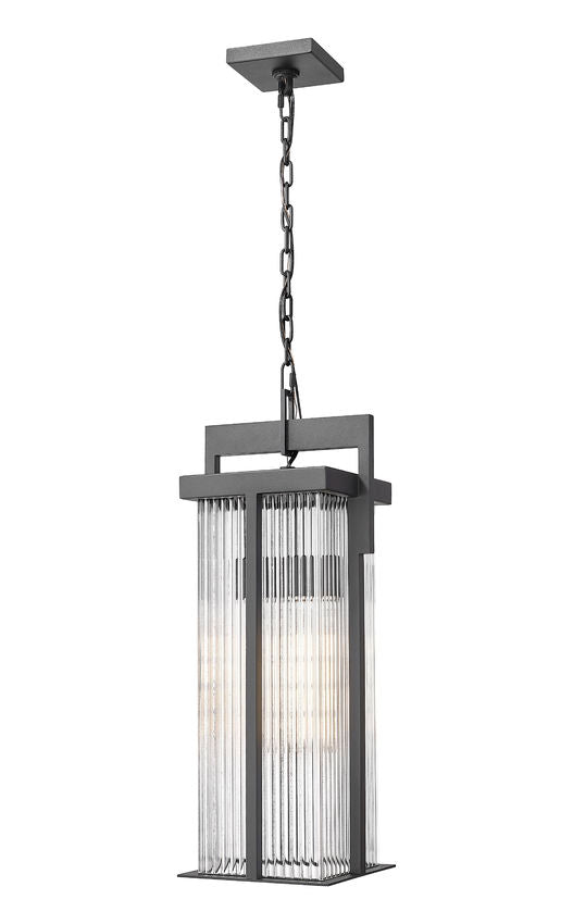 Z-Lite Fortis 24" H 2-Light Aluminum Sand Black Frame Clear Ribbed Glass Shade Outdoor Chain Mount Ceiling Fixture