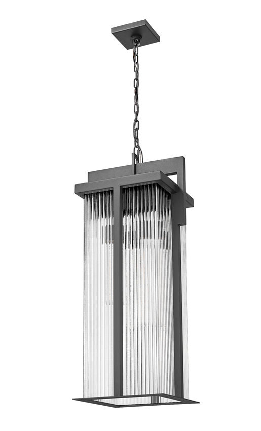 Z-Lite Fortis 31" H 3-Light Aluminum Sand Black Frame Clear Ribbed Glass Shade Outdoor Chain Mount Ceiling Fixture