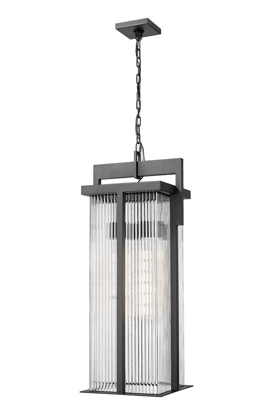 Z-Lite Fortis 31" H 3-Light Aluminum Sand Black Frame Clear Ribbed Glass Shade Outdoor Chain Mount Ceiling Fixture