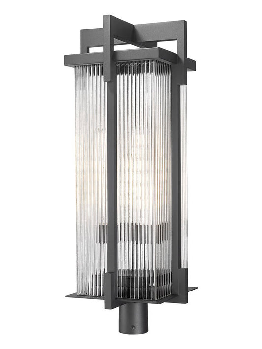 Z-Lite Fortis 5031PHXLR-BK 3-Light Aluminum Sand Black Frame Clear Ribbed Glass Shade Outdoor Post Mount Fixture