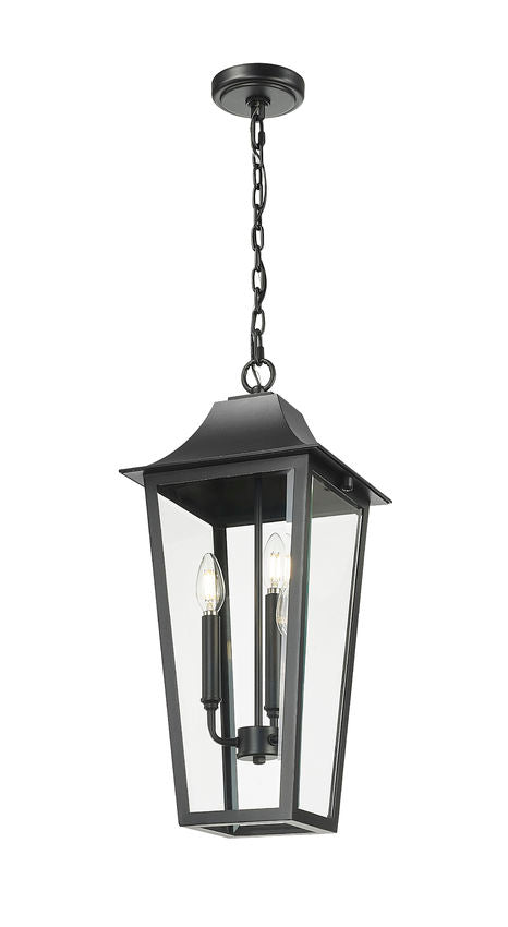 Z-Lite Gannon 10" 3-Light Black Stainless Steel Outdoor Chain Mount Ceiling Fixture With Clear Beveled Glass Shade