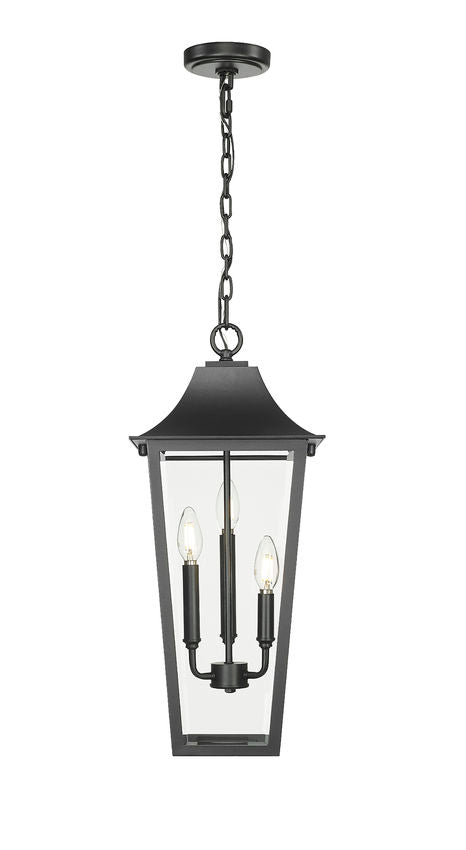 Z-Lite Gannon 10" 3-Light Black Stainless Steel Outdoor Chain Mount Ceiling Fixture With Clear Beveled Glass Shade