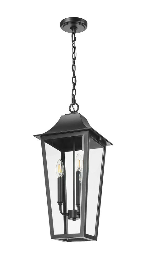 Z-Lite Gannon 10" 3-Light Black Stainless Steel Outdoor Chain Mount Ceiling Fixture With Clear Beveled Glass Shade