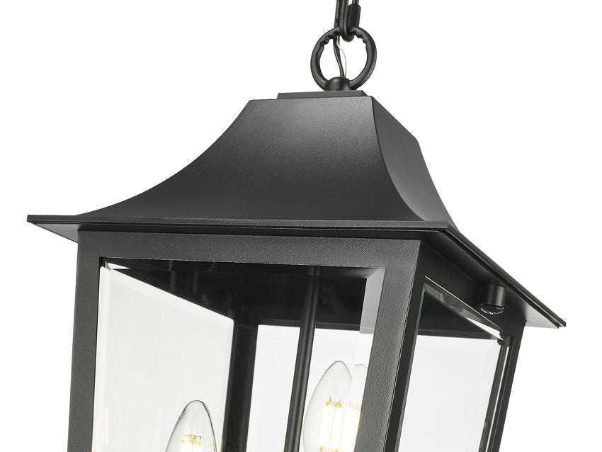 Z-Lite Gannon 10" 3-Light Black Stainless Steel Outdoor Chain Mount Ceiling Fixture With Clear Beveled Glass Shade