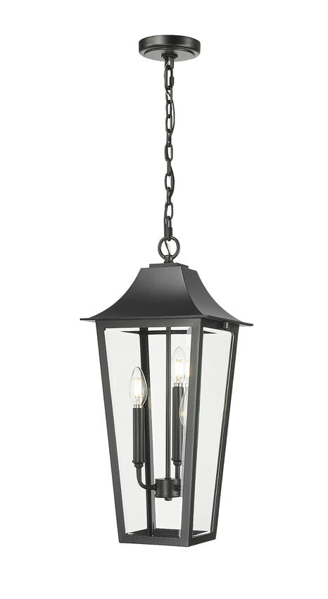 Z-Lite Gannon 10" 3-Light Black Stainless Steel Outdoor Chain Mount Ceiling Fixture With Clear Beveled Glass Shade