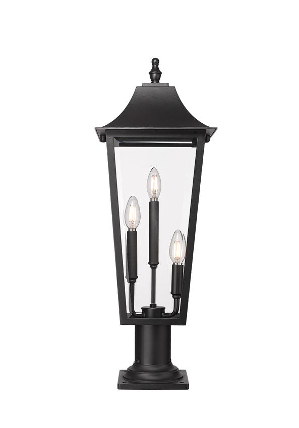 Z-Lite Gannon 10" 3-Light Black Stainless Steel Outdoor Pier Mounted Fixture With Clear Beveled Glass Shade