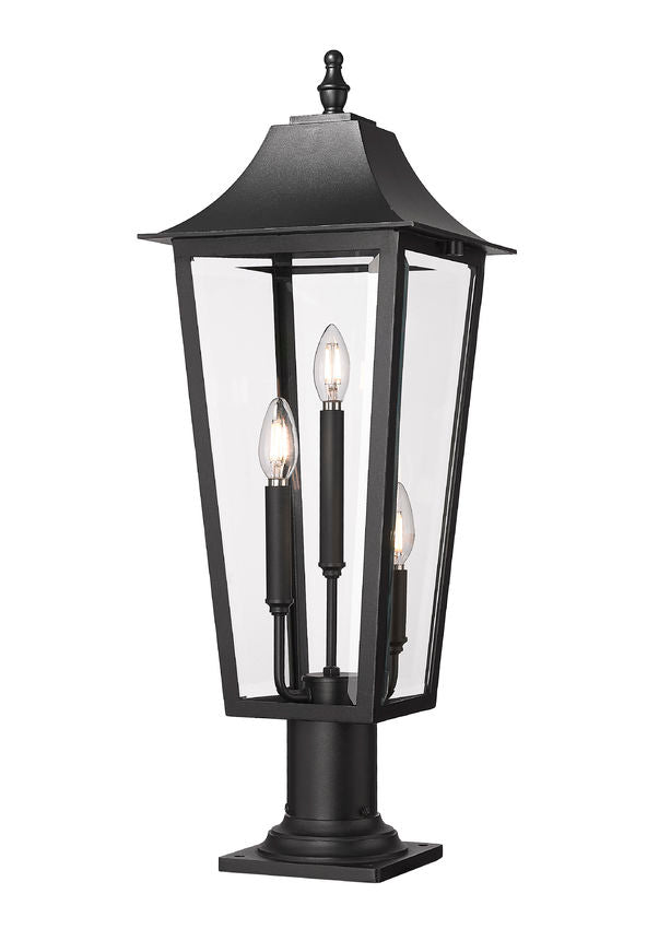 Z-Lite Gannon 10" 3-Light Black Stainless Steel Outdoor Pier Mounted Fixture With Clear Beveled Glass Shade