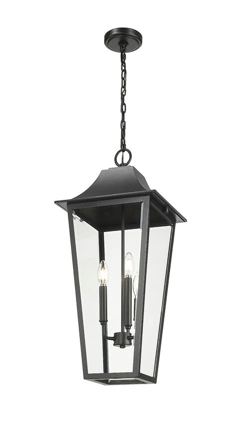 Z-Lite Gannon 12" 3-Light Black Stainless Steel Outdoor Chain Mount Ceiling Fixture With Clear Beveled Glass Shade