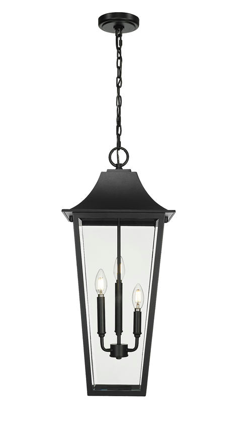 Z-Lite Gannon 12" 3-Light Black Stainless Steel Outdoor Chain Mount Ceiling Fixture With Clear Beveled Glass Shade
