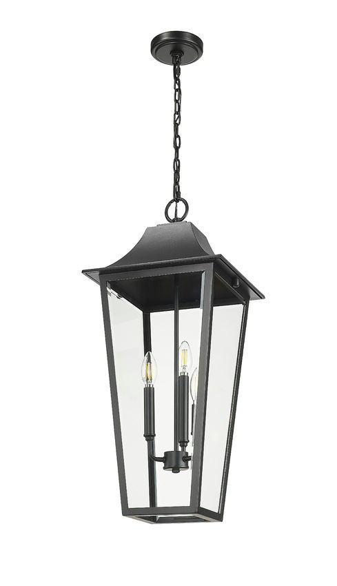 Z-Lite Gannon 12" 3-Light Black Stainless Steel Outdoor Chain Mount Ceiling Fixture With Clear Beveled Glass Shade