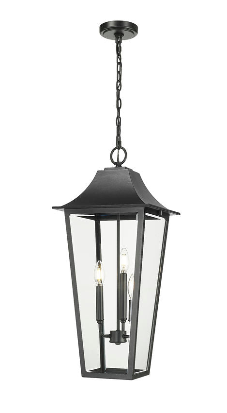 Z-Lite Gannon 12" 3-Light Black Stainless Steel Outdoor Chain Mount Ceiling Fixture With Clear Beveled Glass Shade