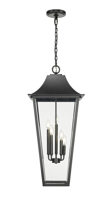 Z-Lite Gannon 16" 5-Light Black Stainless Steel Outdoor Chain Mount Ceiling Fixture With Clear Beveled Glass Shade