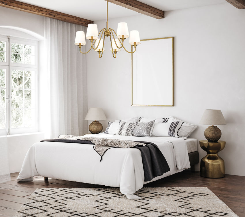 Z-Lite Gianna 32" 6-Light Modern Gold Steel and White Fabric Shade Chandelier