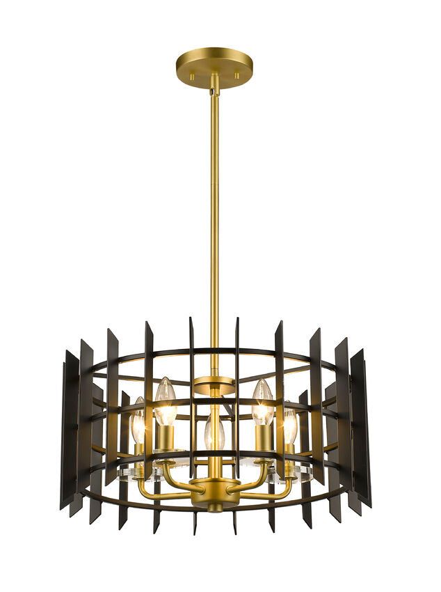 Z-Lite Haake 17" 5-Light Satin Brass Pendant Light With Matte Black Steel Shade