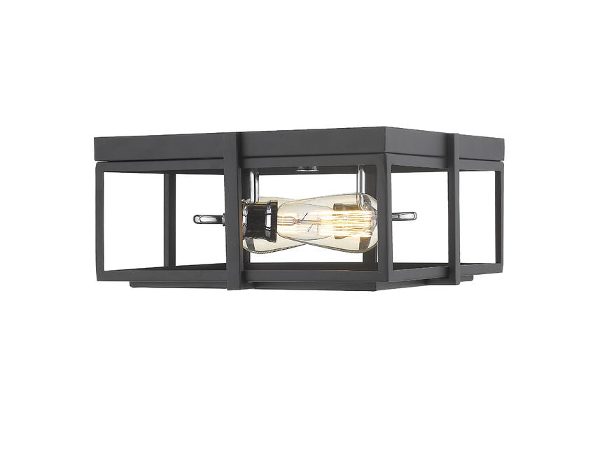 Z-Lite Halcyon 14" 2-Light Matte Black and Chrome Square Frame Steel Flush Mount Lighting