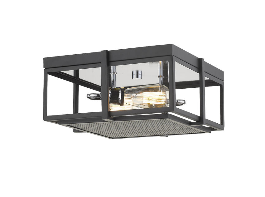 Z-Lite Halcyon 14" 2-Light Matte Black and Chrome Square Frame Steel Flush Mount Lighting