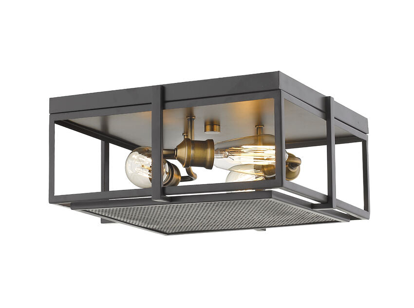 Z-Lite Halcyon 16" 3-Light Bronze and Heritage Brass Square Frame Steel Flush Mount Lighting