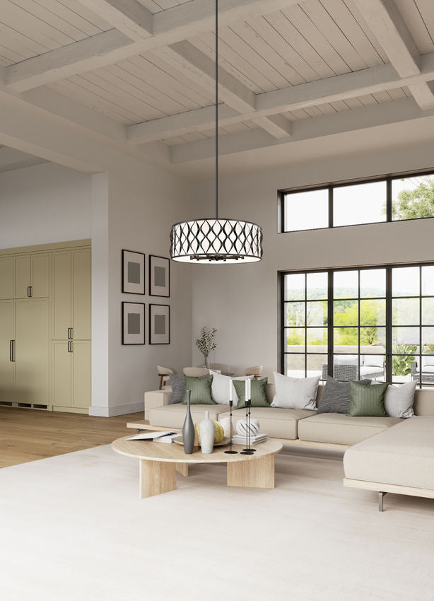 Z-Lite Harden 32" 10-Light Matte Black and White Fabric Shade Pendant Light
