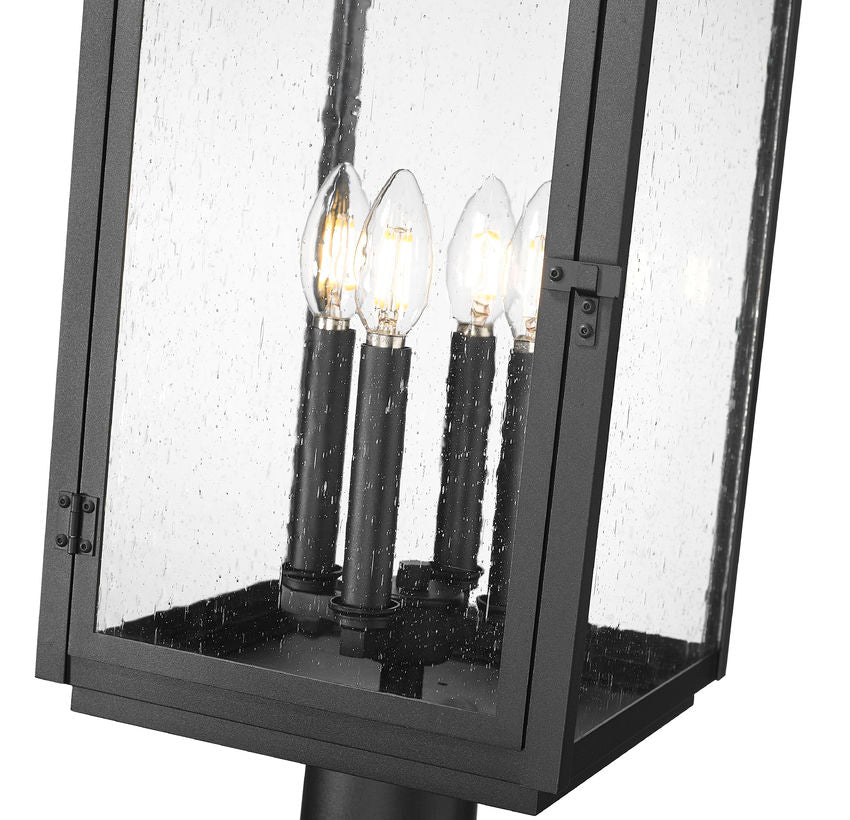 Z-Lite Hartwell 4-Light Candelabra Bulb Base Sand Black Aluminum Clear Seedy Glass Shade Outdoor Post Mounted Fixture