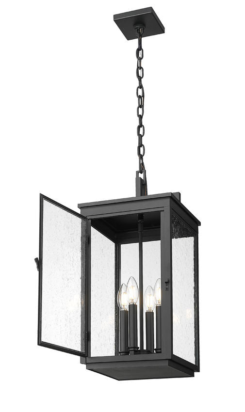 Z-Lite Hartwell 4-Light Candelabra Sand Black Aluminum Frame Clear Seedy Glass Shade Outdoor Chain Mount Ceiling Fixture