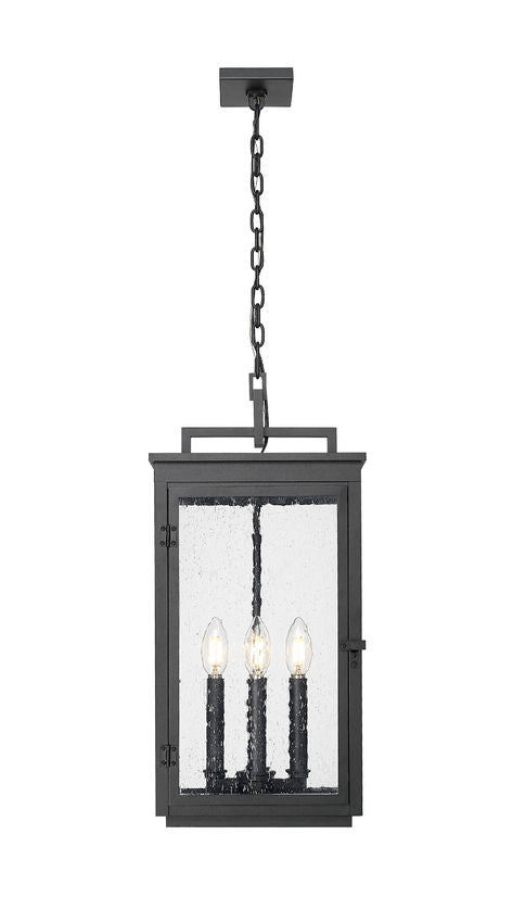 Z-Lite Hartwell 4-Light Candelabra Sand Black Aluminum Frame Clear Seedy Glass Shade Outdoor Chain Mount Ceiling Fixture