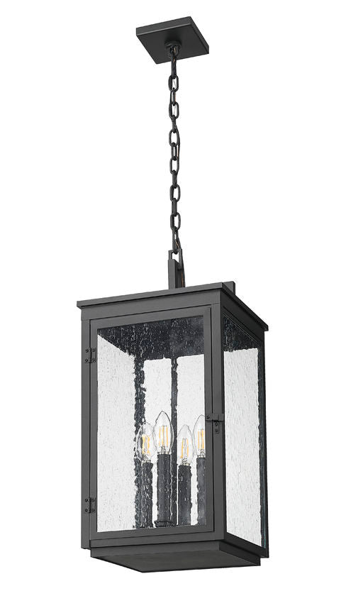Z-Lite Hartwell 4-Light Candelabra Sand Black Aluminum Frame Clear Seedy Glass Shade Outdoor Chain Mount Ceiling Fixture